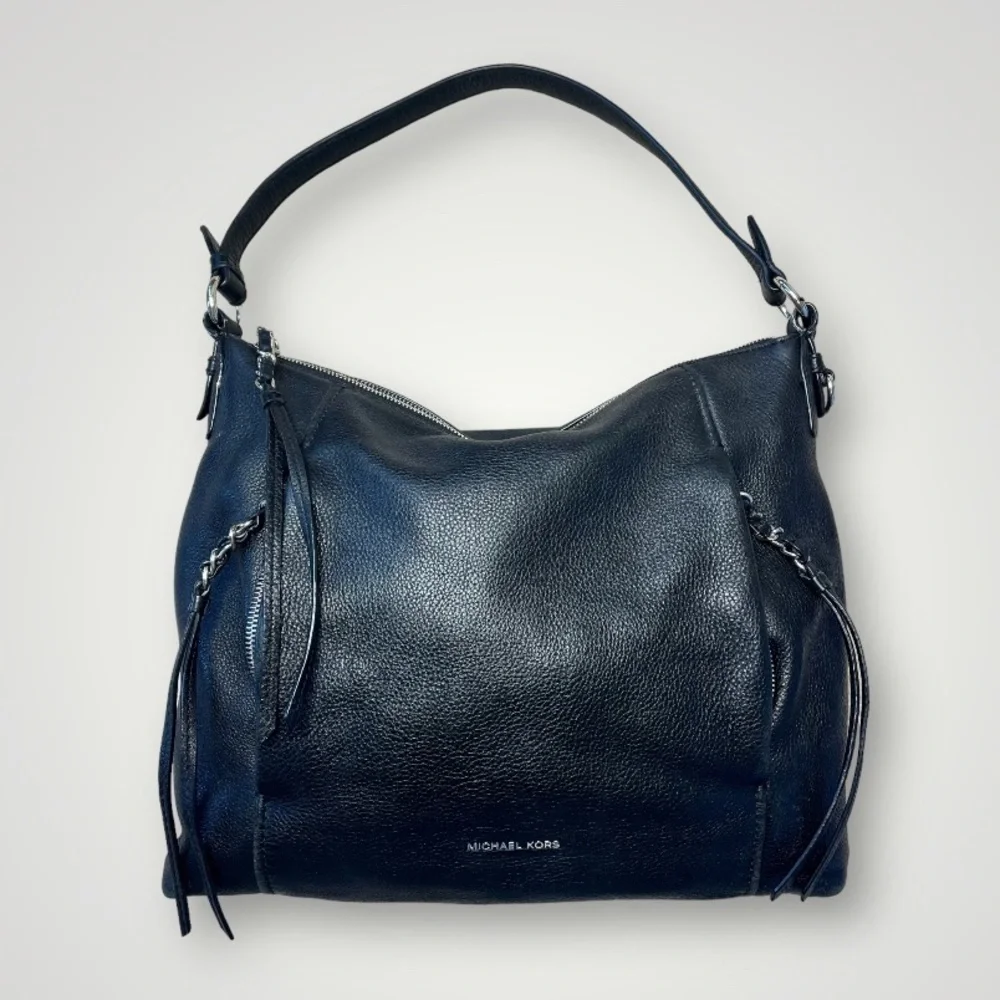 Michael Kors Corinne Black Pebbled Leather Tassel Large Boho Shoulder Bag - Picture 1 of 10